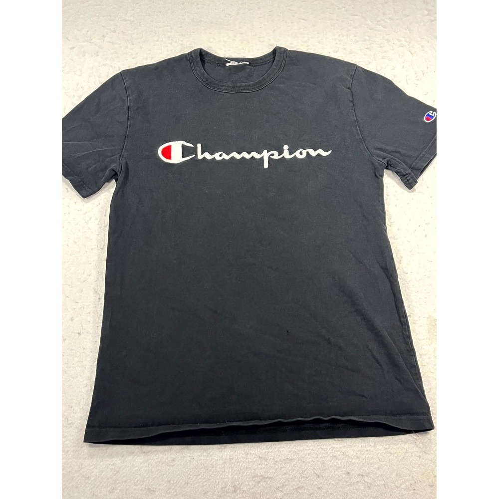 Y2K Champion T Shirt Men Small Black Embroidered Spellout Crew Neck Short Sleeve